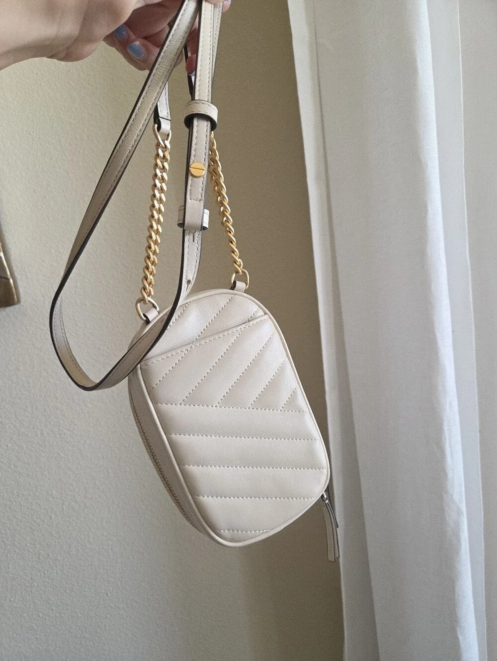Tory Burch Kira Cream Chevron Quilted Mini Crossbody with Gold Chain